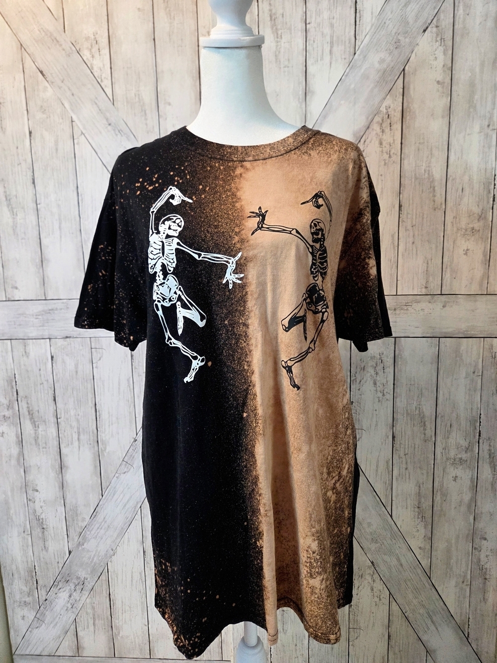 Gildan Black and Tan Bleach-Splatter Skeleton Dance Tee Yin Yang Skeleton Dance